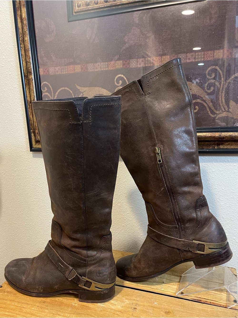 UGG Channing II Leather Metal Stirrup Side-Zip Riding Boots in Dark Brown
